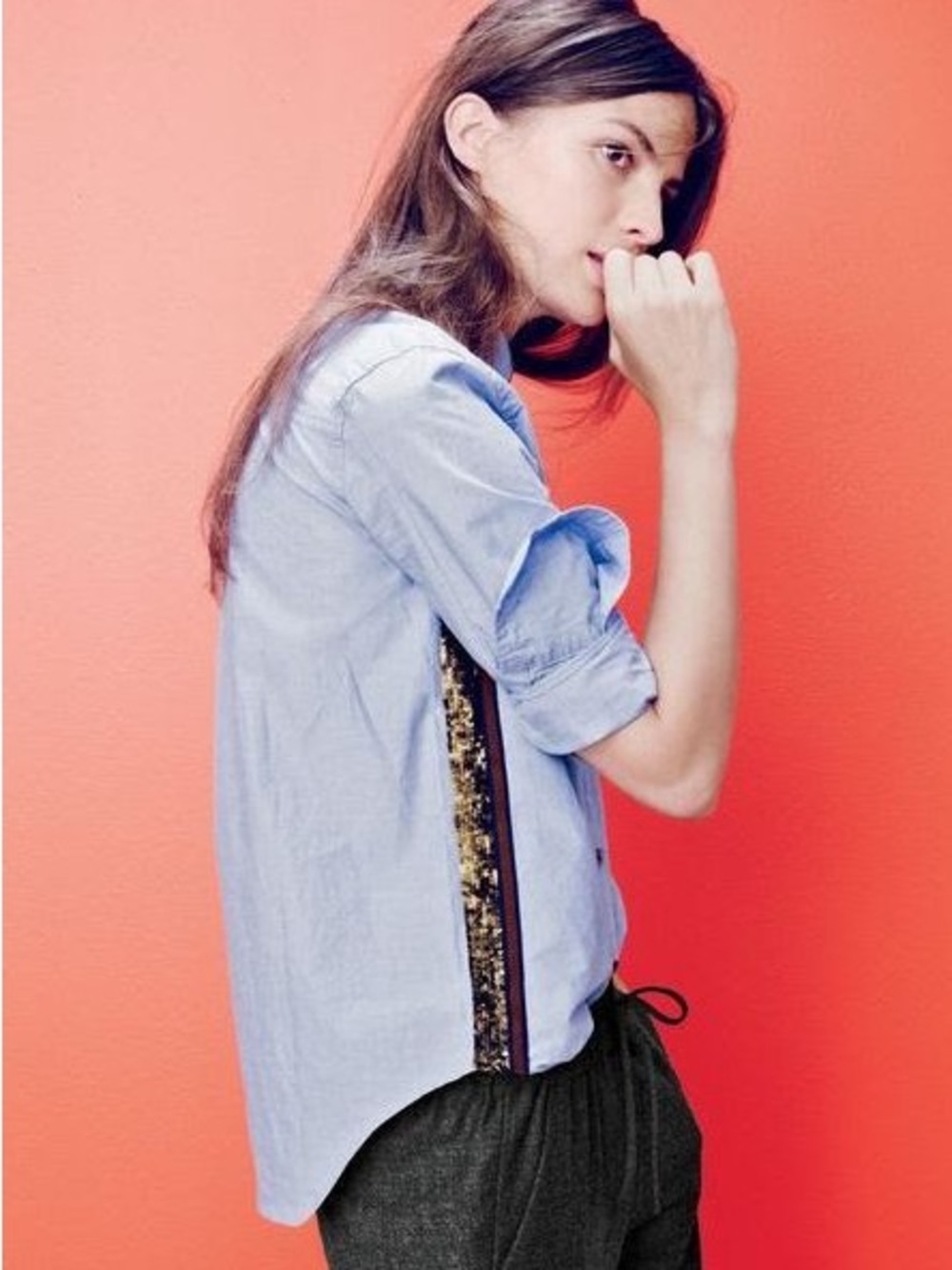 J.Crew Sequin Side Stripe Boyfriend Button-Up Shirt Blue Gold Cotton Oversized 8 - Picture 15 of 15